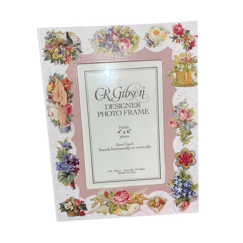 New CR Gibson Designer Photo Frame 4x6 Easel Back Floral Bird Vintage Made USA
